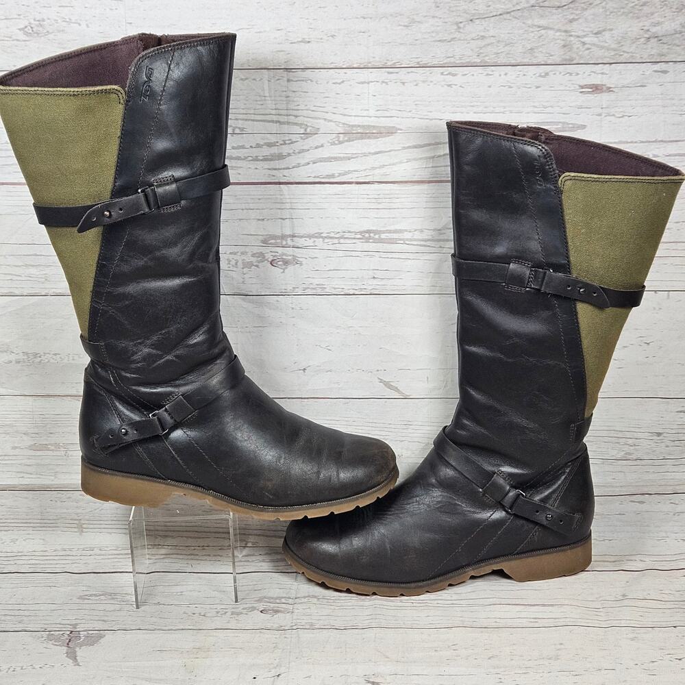Teva De La Vina Tall Riding Boots Brown Olive Green US 8 Waterproof Leather Zip